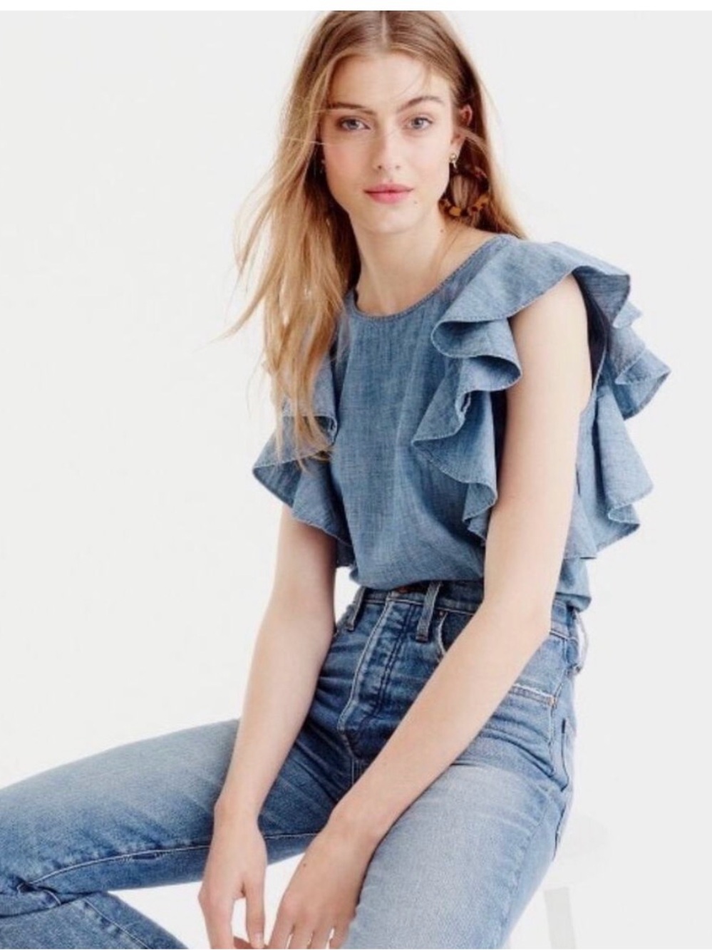 J. Crew Light Blue Denim Chambray ruffle top